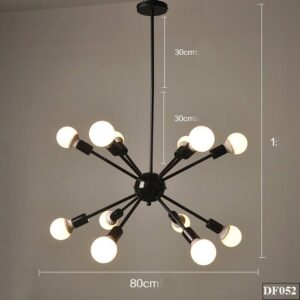 Mã SP: DF052 Kích thước: 12 bóng, Ngang 80 cm, tổng chiều dài 1m Màu sắc: Màu Đen Ánh sáng: theo ánh sáng bóng đèn Chất liệu: Sắt sơn tĩnh điện Bóng đèn: Đui Xoáy E27 Điện áp: 220v Chống nước: không Công suất: Theo bóng đèn, tối đa 40w Bảo hành: 36 tháng tại cửa hàng